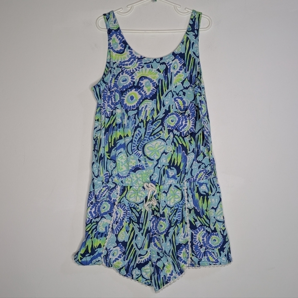 Lilly Pulitzer Blue Green Tropical Sand Dollar Sleeveless Romper 12/14